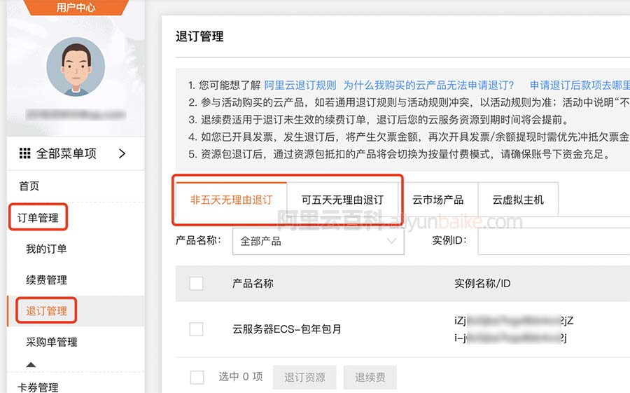 阿里云退订管理