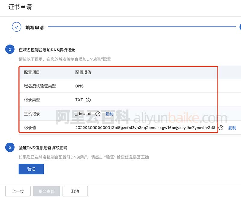阿里云SSL证书手工DNS验证