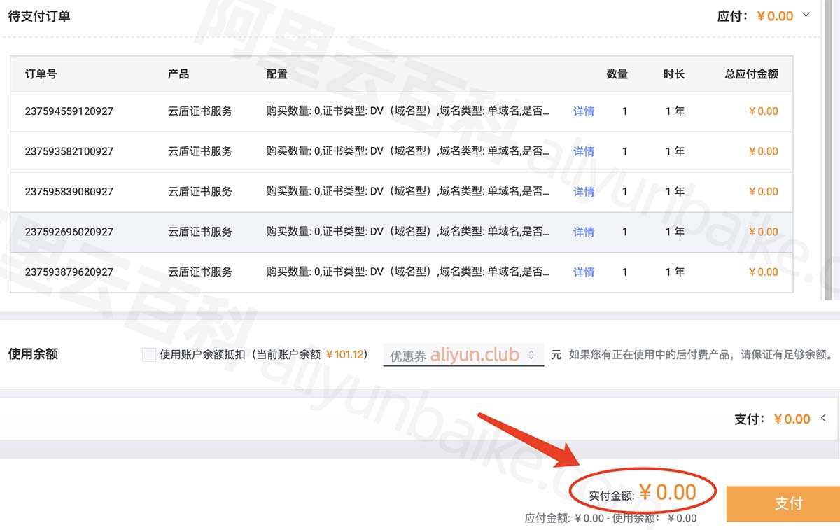 支付0元
