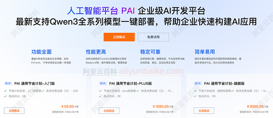 阿里云人工智能平台PAI计费说明