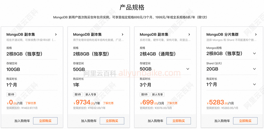 阿里云MongoDB云数据库收费价格