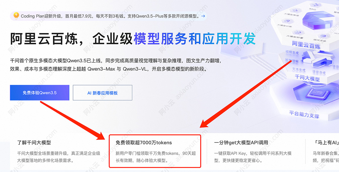 开通阿里云百炼免费领取超7000万Tokens